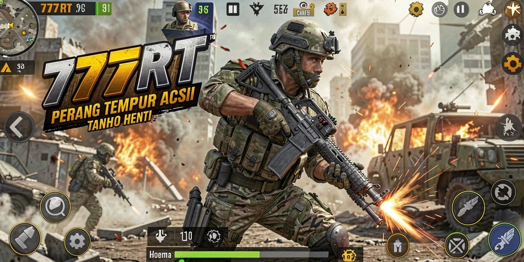 Screenshot gameplay 777RT dengan aksi tembak-menembak yang intens.