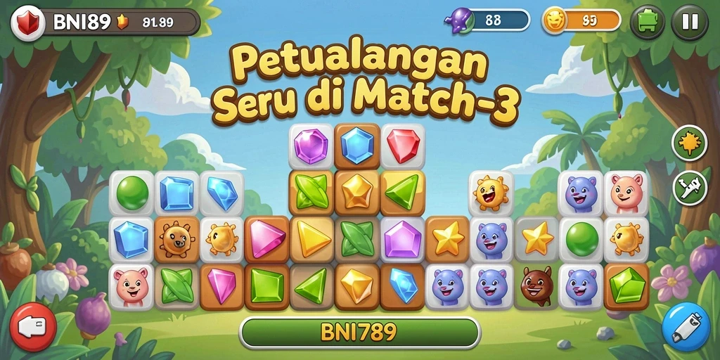 Tangkapan layar gameplay BNI789 yang menunjukkan keseruan mencocokkan tiga buah.