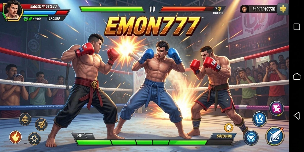 Tampilan gameplay pertarungan seru di EMON777 dengan karakter yang menghentak.