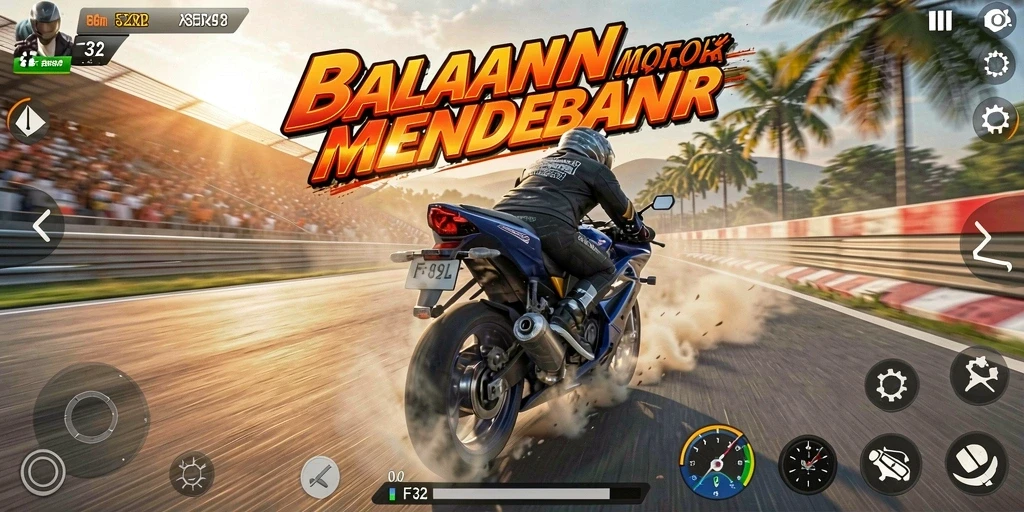 Screenshot F32 menampilkan aksi balapan motor yang seru.