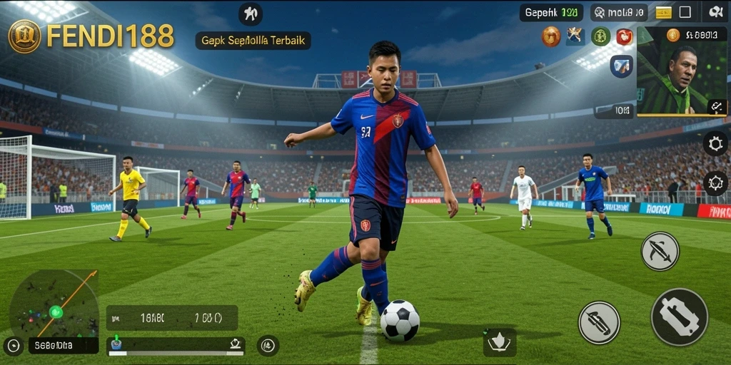 Screenshot menunjukkan gameplay FENDI188 dengan aksi sepak bola yang mendebarkan.