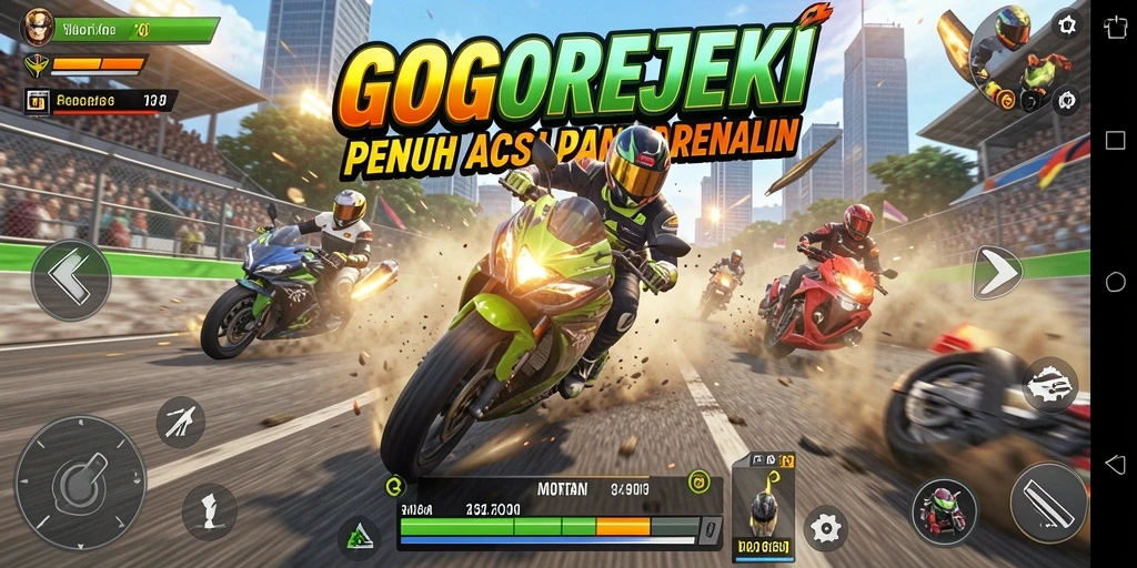 Gameplay seru GOGOREJEKI dengan aksi balapan motor yang cepat.