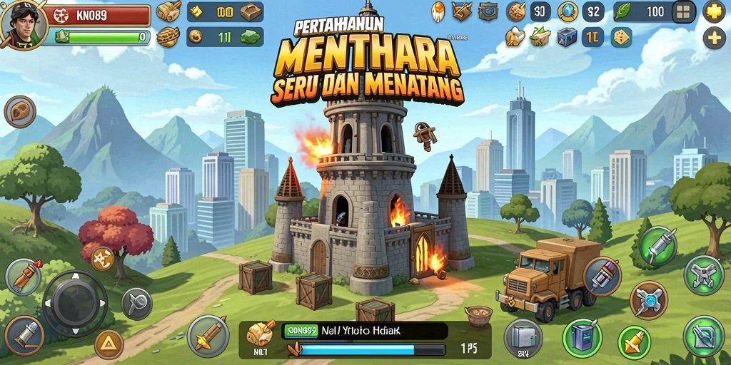 Screenshot utama KNO89 menampilkan aksi pertahanan menara yang mendebarkan.