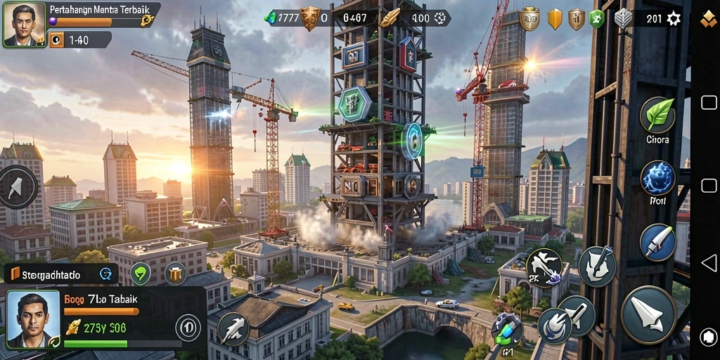 Tampilan gameplay L777 dengan menara dan musuh yang beragam.
