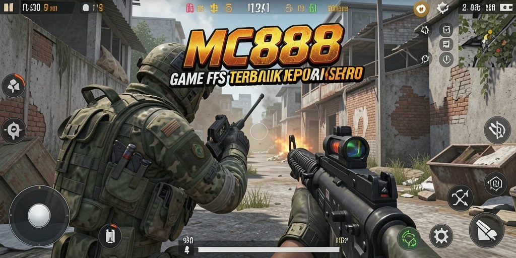 Screenshot utama MC888 menampilkan aksi intens dalam gameplay FPS.
