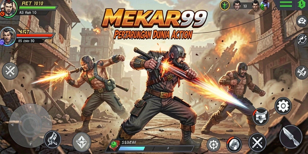 Tangkapan layar utama MEKAR99 menampilkan pertarungan mendebarkan dengan grafis menawan.
