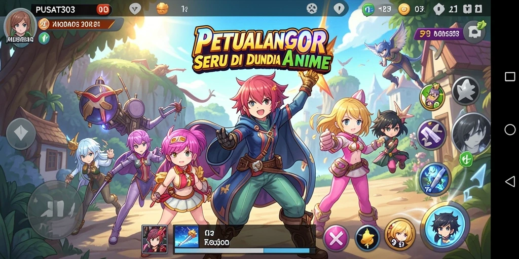 Screenshot gameplay PUSAT303 dengan karakter anime yang dinamis.