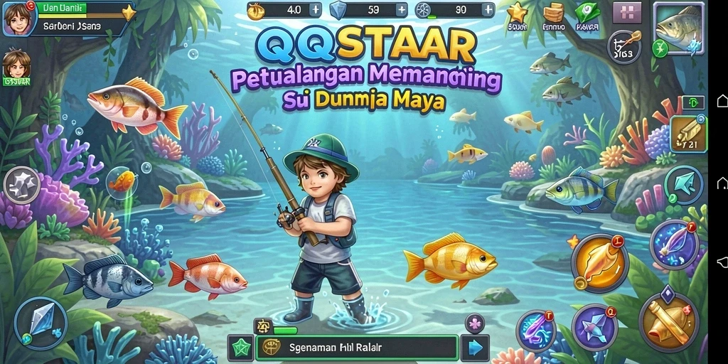 Tampilan gameplay <strong>QQSTAR</strong> yang menawan saat memancing di berbagai lokasi.