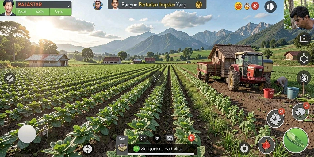 Tampilan gameplay RAJASTAR saat membangun pertanian Anda.