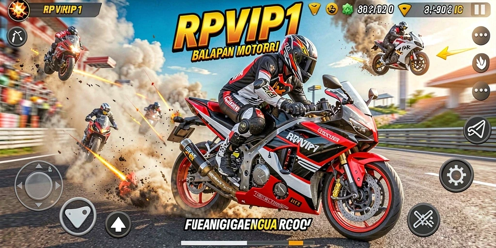 Screenshot gameplay RPVIP1 menampilkan aksi balapan motor yang menarik.