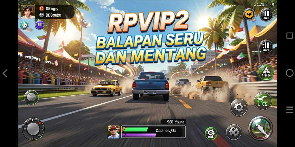 Screenshot gameplay RPVIP2 menunjukkan balapan yang mendebarkan.
