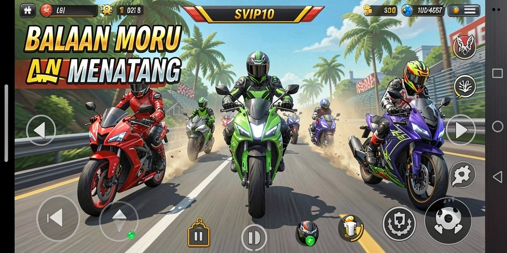 Screenshot gameplay SVIP10 dengan tampilan balapan motor yang intens.